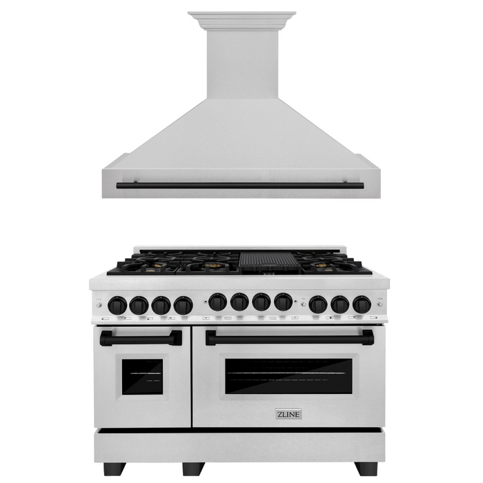 ZLINE Autograph Package - 48 In. Gas Range and Range Hood in DuraSnow® Stainless Steel with Matte Black Accents, 2AKPR-RGSRH48-MB