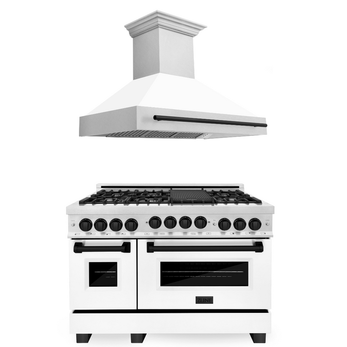 ZLINE Autograph Package - 48" Gas Range, Range Hood in DuraSnow® and Matte Black Accents