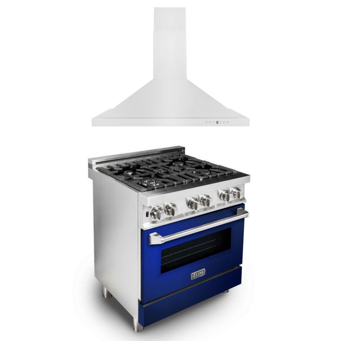 ZLINE 30 in. Dual Fuel Range in Blue Gloss & 30 in. Range Hood Appliance Package, 2KP-RABGRH30