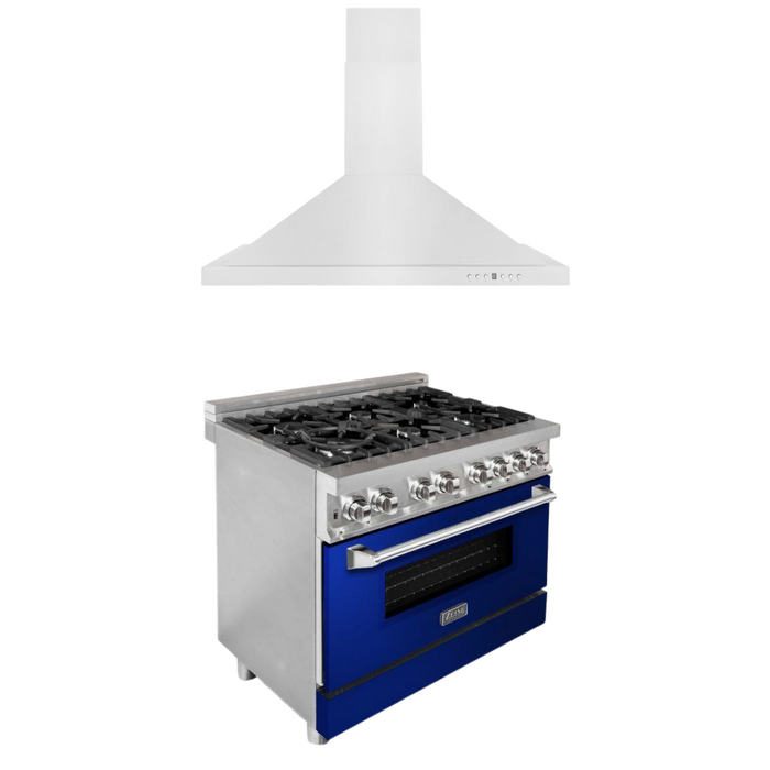 ZLINE 36 in. Dual Fuel Range with Blue Gloss Doors & 36 in. Range Hood Appliance Package, 2KP-RABGRH36