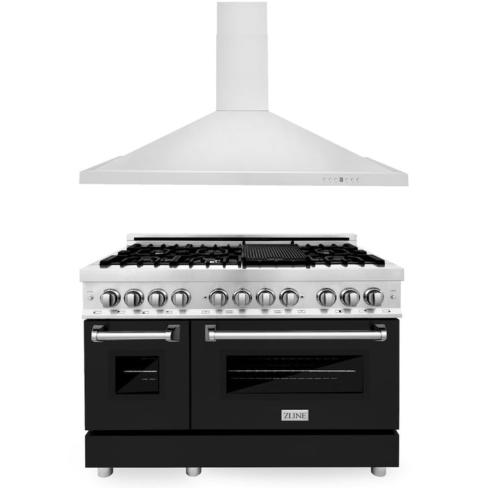 ZLINE 48 in. Kitchen Package with Stainless Steel Dual Fuel Range with Black Matte Door and Convertible Vent Range Hood (2KP-RABLMRH48)