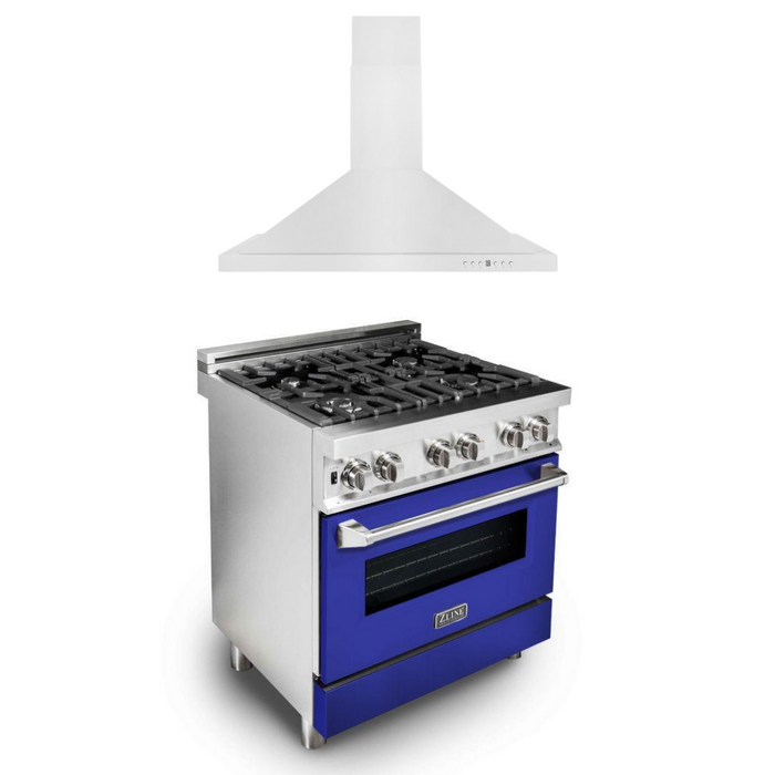 ZLINE 30 in. Dual Fuel Range with Blue Matte Door & 30 in. Range Hood Appliance Package, 2KP-RABMRH30