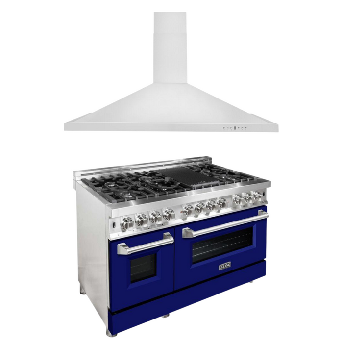 ZLINE 48 in. Dual Fuel Range with Blue Matte Door & 48 in. Range Hood Appliance Package, 2KP-RABMRH48