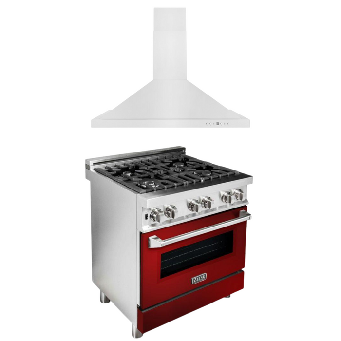 ZLINE 30 in. Dual Fuel Range with Red Gloss Door & 30 in. Range Hood Appliance Package, 2KP-RARGRH30