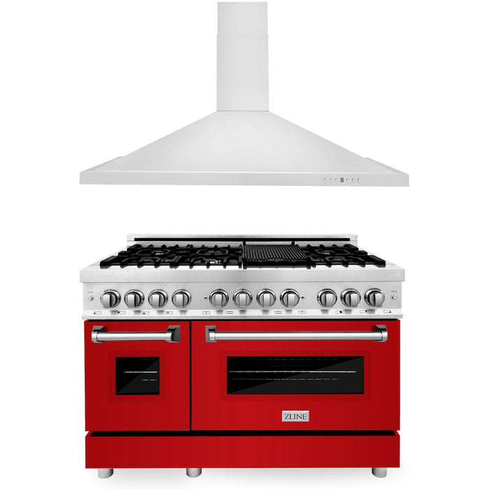 ZLINE 48 in. Kitchen Package with Stainless Steel Dual Fuel Range with Red Gloss Door and Convertible Vent Range Hood (2KP-RARGRH48)