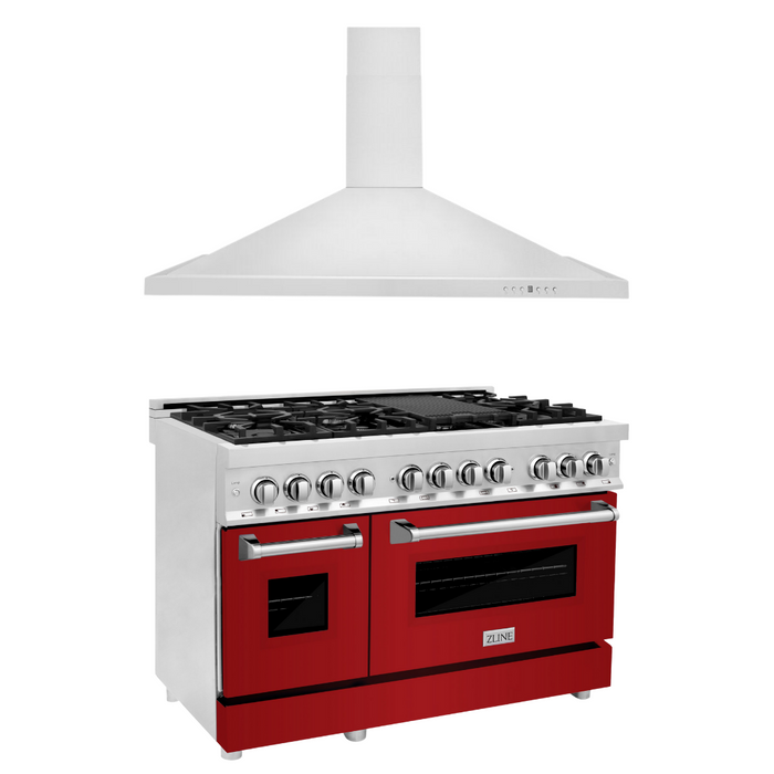 ZLINE 48 in. Dual Fuel Range with Red Gloss Door & 48 in. Range Hood Appliance Package, 2KP-RARGRH48