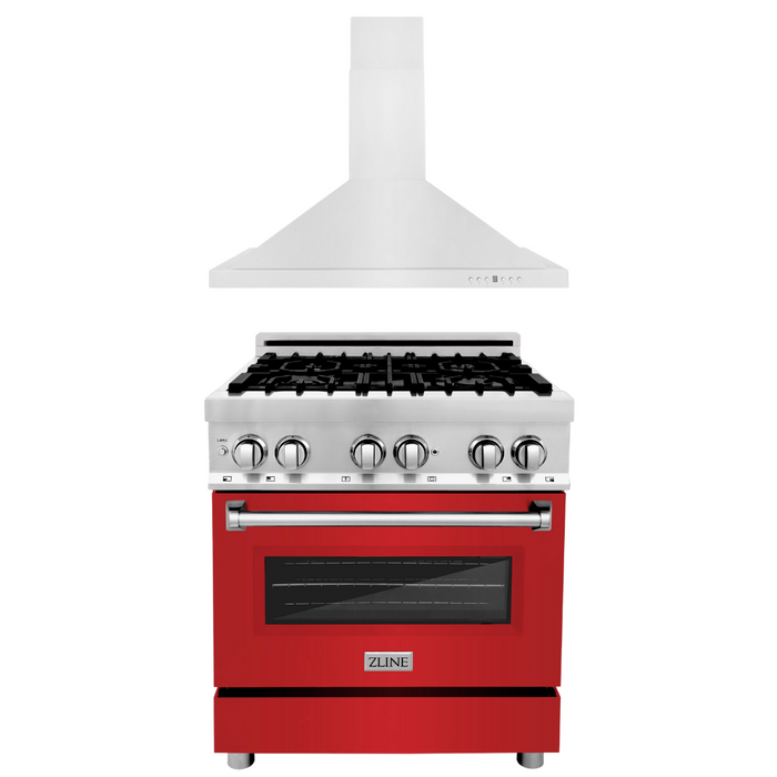 ZLINE 30 in. Dual Fuel Range with Red Matte Door & 30 in. Range Hood Appliance Package, 2KP-RARMRH30