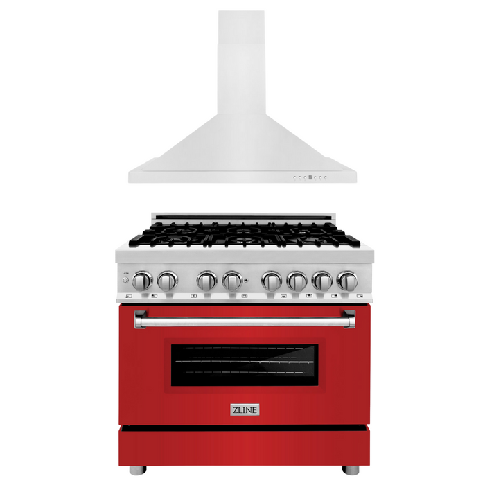 ZLINE 36 in. Dual Fuel Range with Red Matte Doors & 36 in. Range Hood Appliance Package, 2KP-RARMRH36