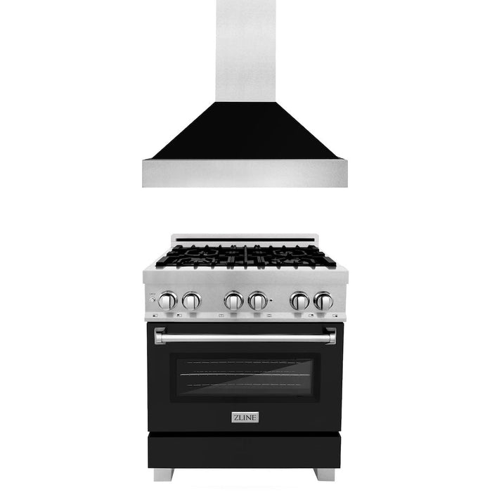 ZLINE 30 in. Kitchen Package with Fingerprint Resistant Stainless Steel Dual Fuel Range with Black Matte Door and Convertible Vent Range Hood (2KP-RASBLMRH30)