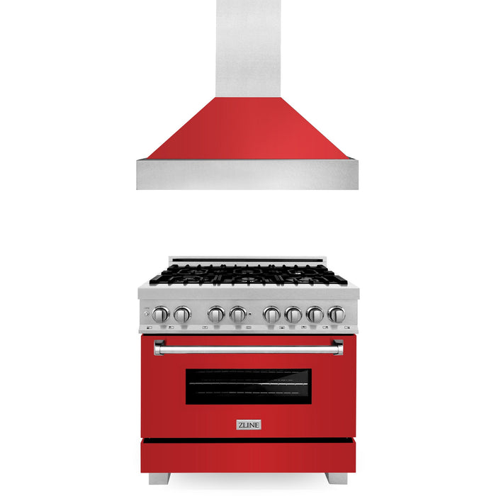 ZLINE 36 in. Kitchen Package with Fingerprint Resistant Stainless Steel Dual Fuel Range with Red Matte Door and Convertible Vent Range Hood (2KP-RASRMRH36)