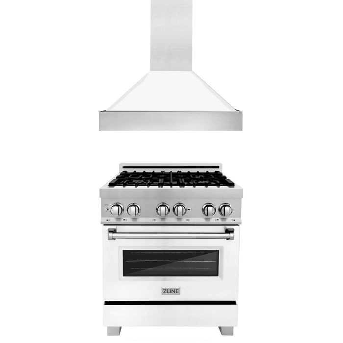 ZLINE 30 in. Kitchen Package with Fingerprint Resistant Stainless Steel Dual Fuel Range with White Matte Door and Convertible Vent Range Hood (2KP-RASWMRH30)