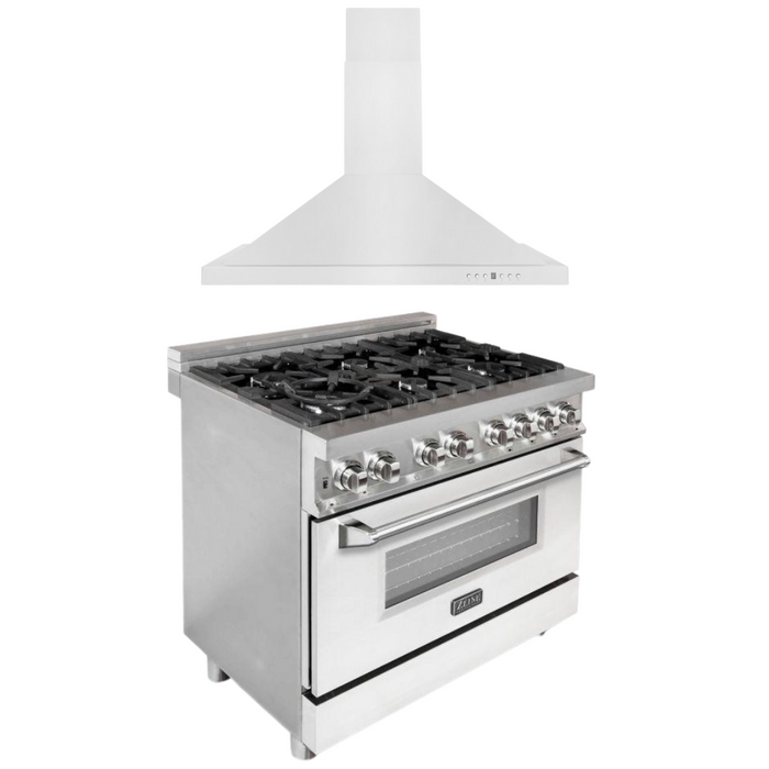 ZLINE Kitchen and Bath 36 in. Dual Fuel Range with White Matte Door & 36 in. Range Hood Appliance Package, 2KP-RAWMRH36