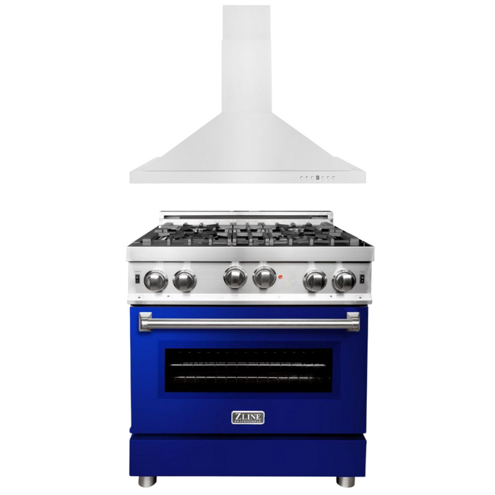 ZLINE 30 in. Gas Range with Blue Gloss Door & 30 in. Range Hood Appliance Package, 2KP-RGBGRH30