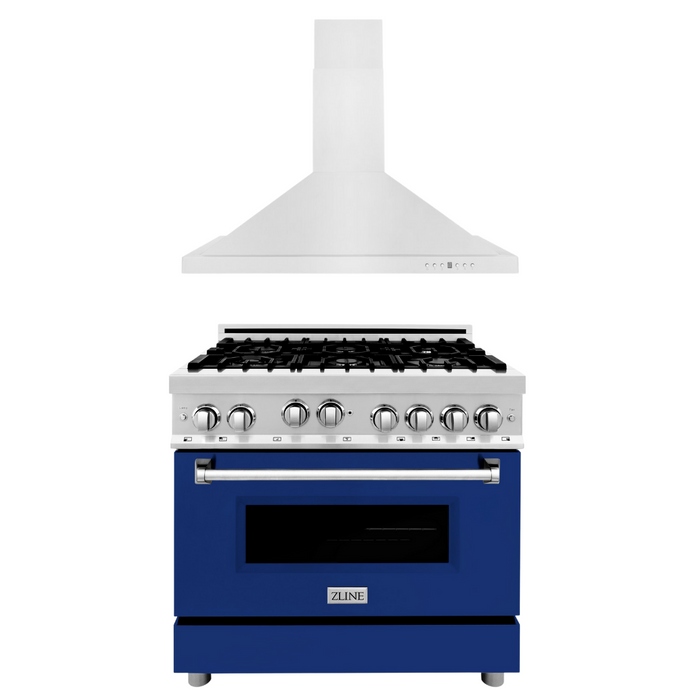 ZLINE 36 in. Gas Range with Blue Gloss Door & 36 in. Range Hood Appliance Package, 2KP-RGBGRH36