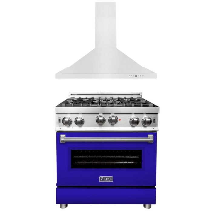 ZLINE 30 in. Gas Range with Blue Matte Door & 30 in. Range Hood Appliance Package, 2KP-RGBMRH30