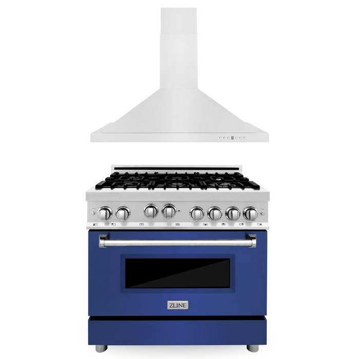 ZLINE 36 in. Gas Range with Blue Matte Door & 36 in. Range Hood Appliance Package, 2KP-RGBMRH36