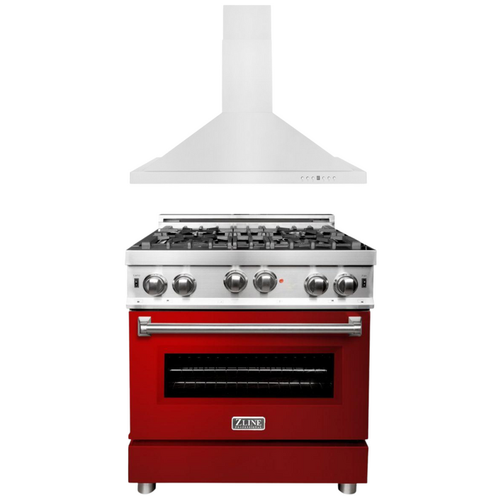 ZLINE 30 in. Gas Range with Red Gloss Door & 30 in. Range Hood Appliance Package, 2KP-RGRGRH30