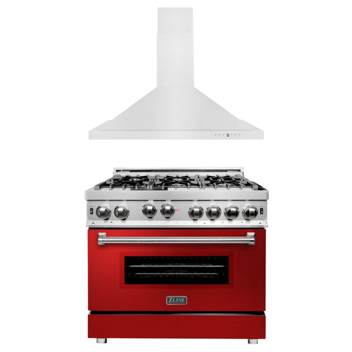 ZLINE 36 in. Gas Range with Red Gloss Door & 36 in. Range Hood Appliance Package, 2KP-RGRGRH36