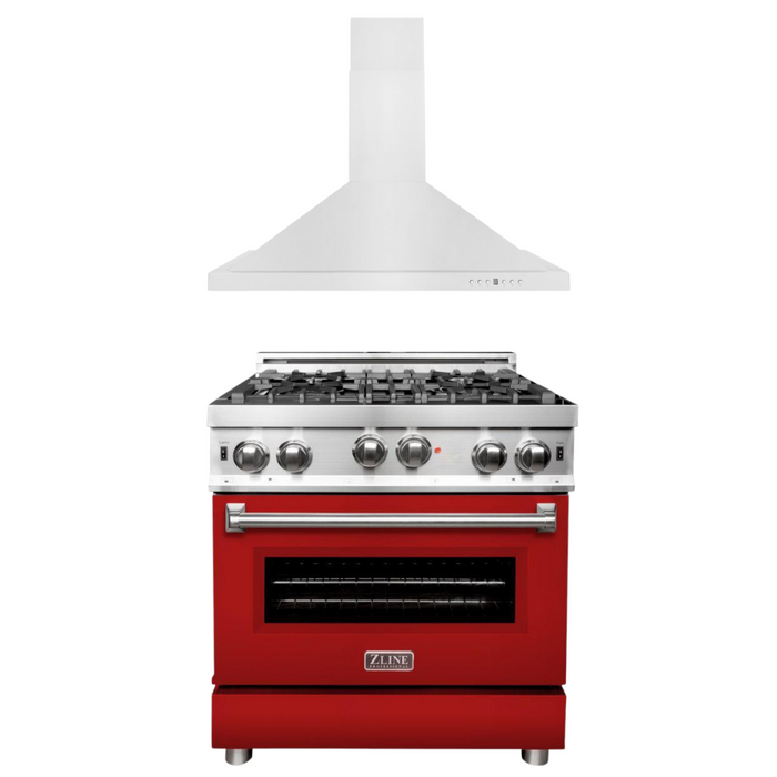 ZLINE 30 in. Gas Range with Red Matte Door & 30 in. Range Hood Appliance Package, 2KP-RGRMRH30