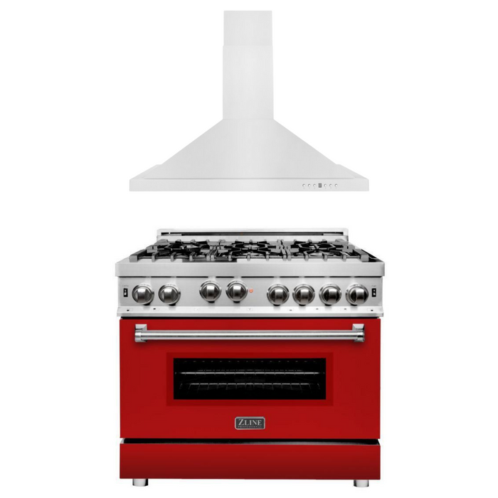 ZLINE 36 in. Gas Range with Red Matte Door & 36 in. Range Hood Appliance Package, 2KP-RGRMRH36