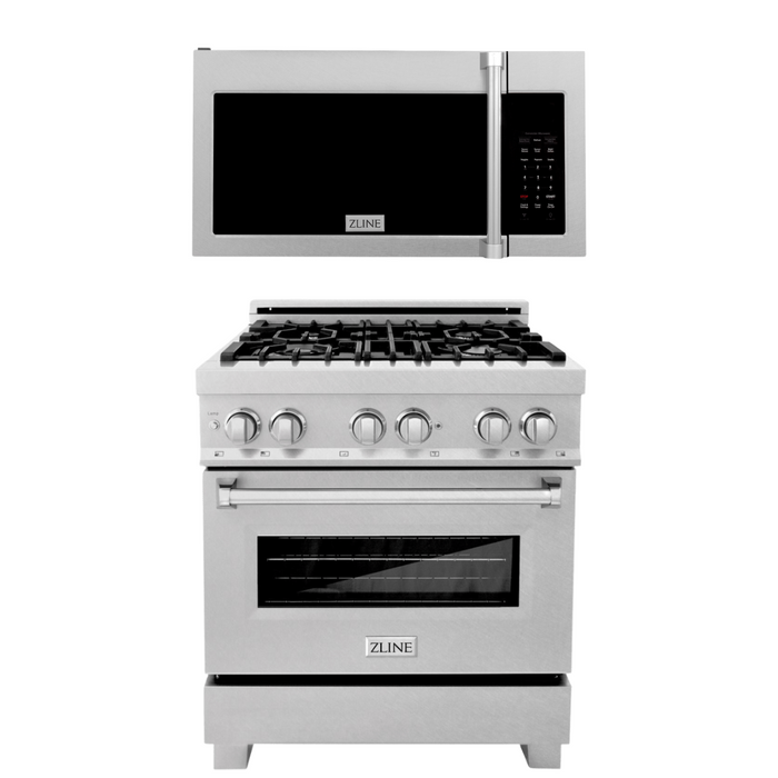 ZLINE Appliance Package - 30 In. Gas Range and Over the Range Microwave in DuraSnow® Stainless Steel, 2KP-RGSOTRH30