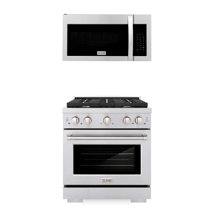 ZLINE 30 in. Kitchen Package Stainless Steel Gas Range and Over The Range Microwave with Modern Handle (2KP-SGROTR30)