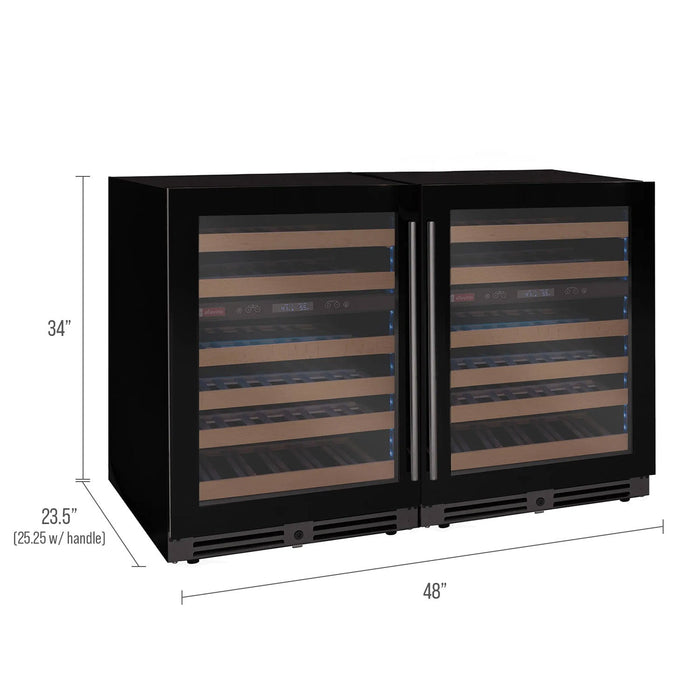 Reserva Series 100 Bottle 34" Tall Four Zone Black Glass Side-by-Side Wine Cooler Refrigerator