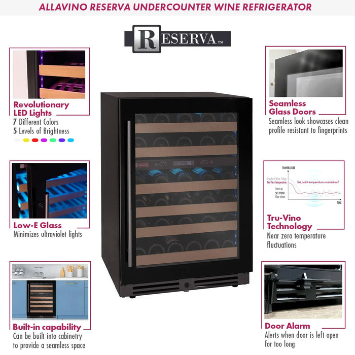 Reserva Series 100 Bottle 34" Tall Four Zone Black Glass Side-by-Side Wine Cooler Refrigerator