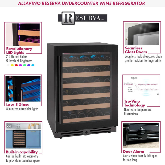 Reserva Series 100 Bottle 34" Tall Dual Zone Black Glass Side-by-Side Wine Cooler Refrigerator