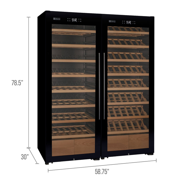 496 Bottle Dual Zone Black Glass Side-by-Side Wine Refrigerator with Display Shelving