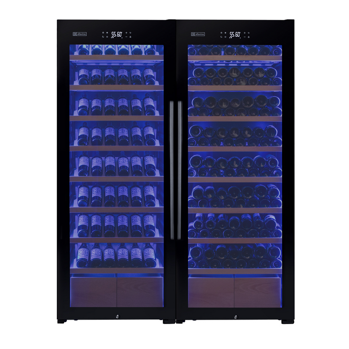 496 Bottle Dual Zone Black Glass Side-by-Side Wine Refrigerator with Display Shelving