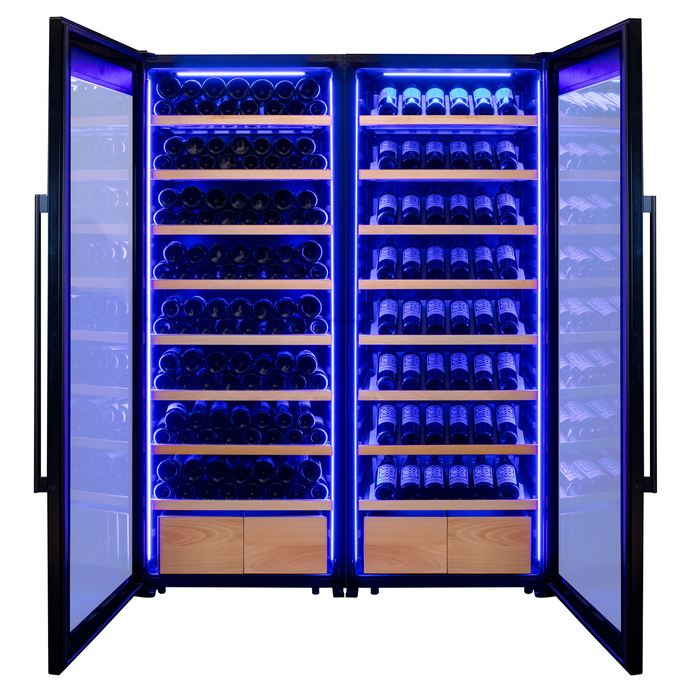 496 Bottle Dual Zone Black Glass Side-by-Side Wine Refrigerator with Display Shelving