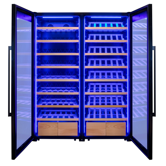 496 Bottle Dual Zone Black Glass Side-by-Side Wine Refrigerator with Display Shelving