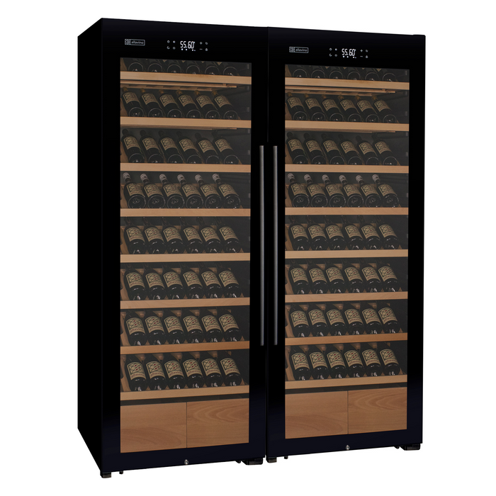 496 Bottle Dual Zone Black Glass Side-by-Side Wine Refrigerator with Display Shelving