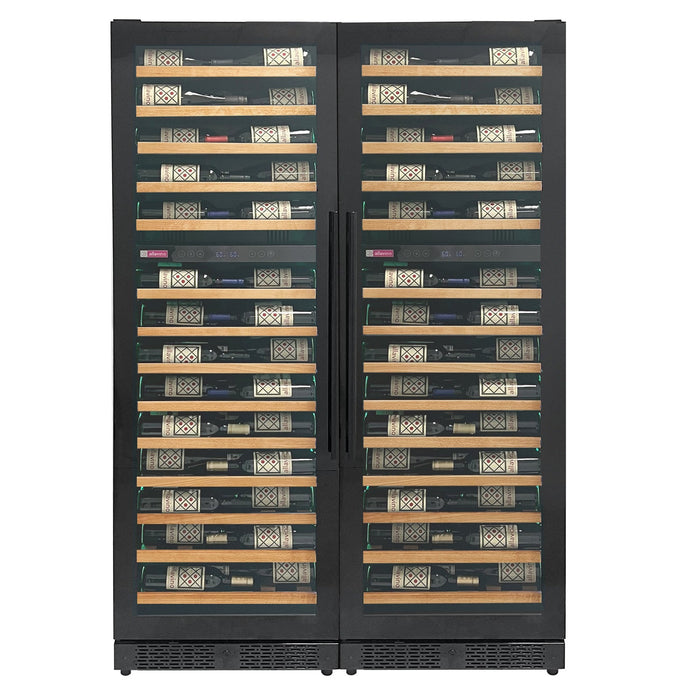 Reserva Series 134 Bottle 71" Tall Four Zone Black Side-by-Side Shallow Wine Refrigerator with Wood Front Shelves