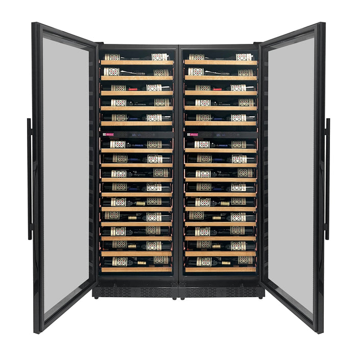 Reserva Series 134 Bottle 71" Tall Four Zone Black Side-by-Side Shallow Wine Refrigerator with Wood Front Shelves