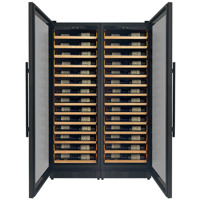 Reserva Series 134 Bottle 71" Tall Dual Zone Black Side-by-Side Shallow Wine Refrigerator with Wood Front Shelves