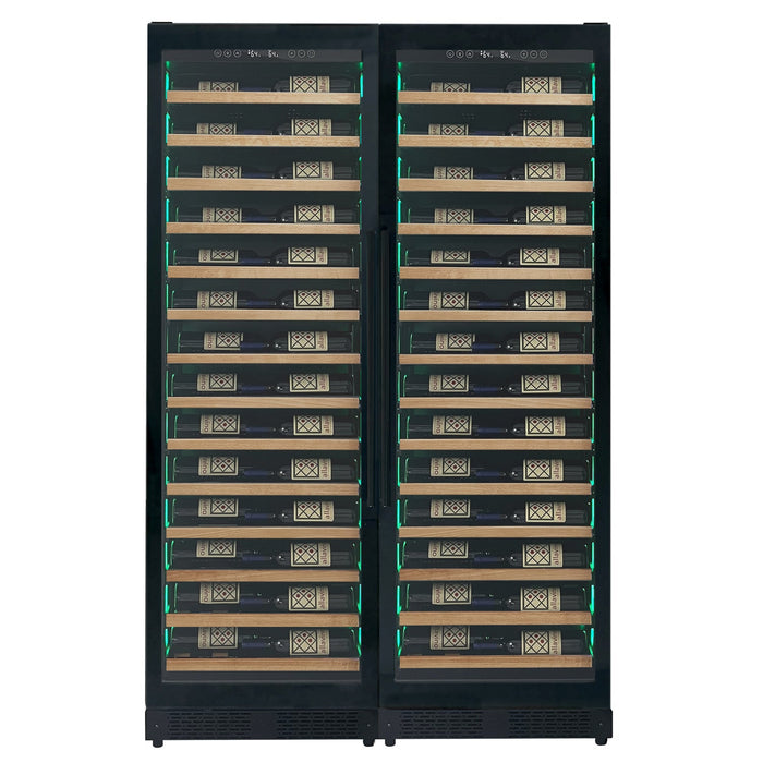 Reserva Series 134 Bottle 71" Tall Dual Zone Black Side-by-Side Shallow Wine Refrigerator with Wood Front Shelves