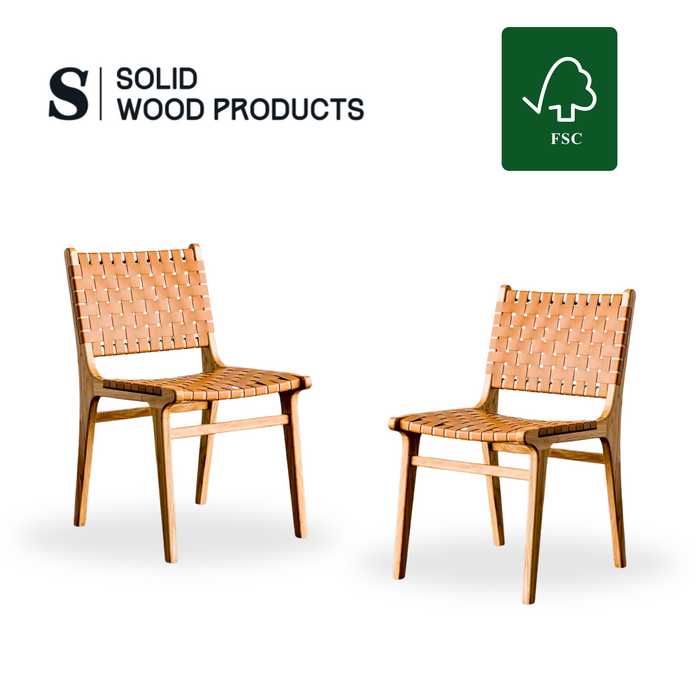 Ready to Ship Solid Wood Bonded Leather Woven Chair with Brown Leather(SET OF 2 PCS)