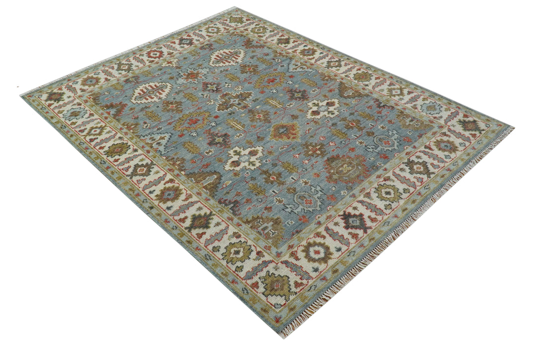 Custom Made Blue And Beige Traditional Hand Knotted Wool Area Rug