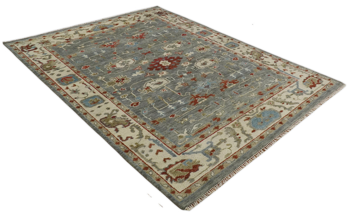 Hand Knotted Living Room Rug Charcoal, Red and Beige Traditional Vintage Style Custom Made Wool Area Rug