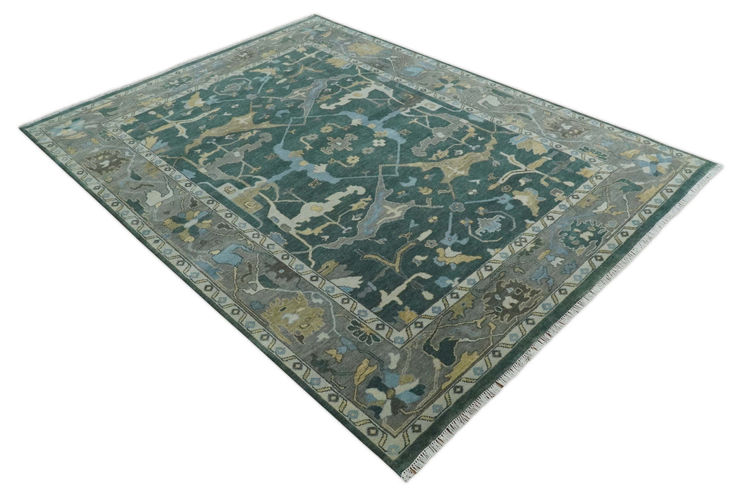 Oriental Oushak Teal Green and Gray 9x12 Hand Knotted Wool Area Rug