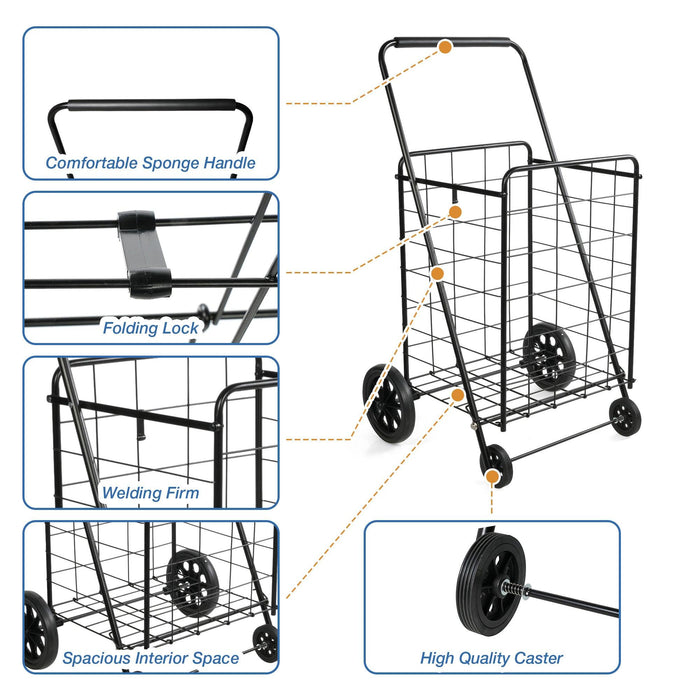 Folding Grocery Shopping Cart with Wheels Collapsible Utility Cart, 180lbs Capacity, Black