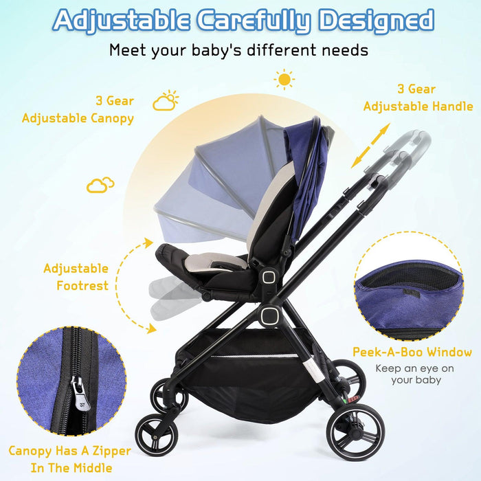 Easy Fold Baby Stroller Lightweight High Landscape Infant Pushchair with Reversible Seat, Blue