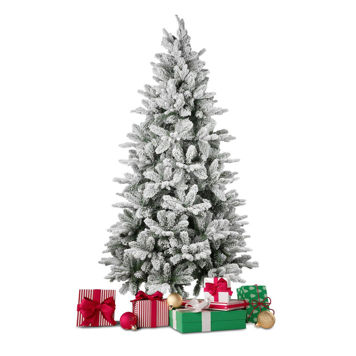 6.9ft Artificial Christmas Pine Tree Snow Flocked Xmas Tree with 950 Branch Tips Metal Frame