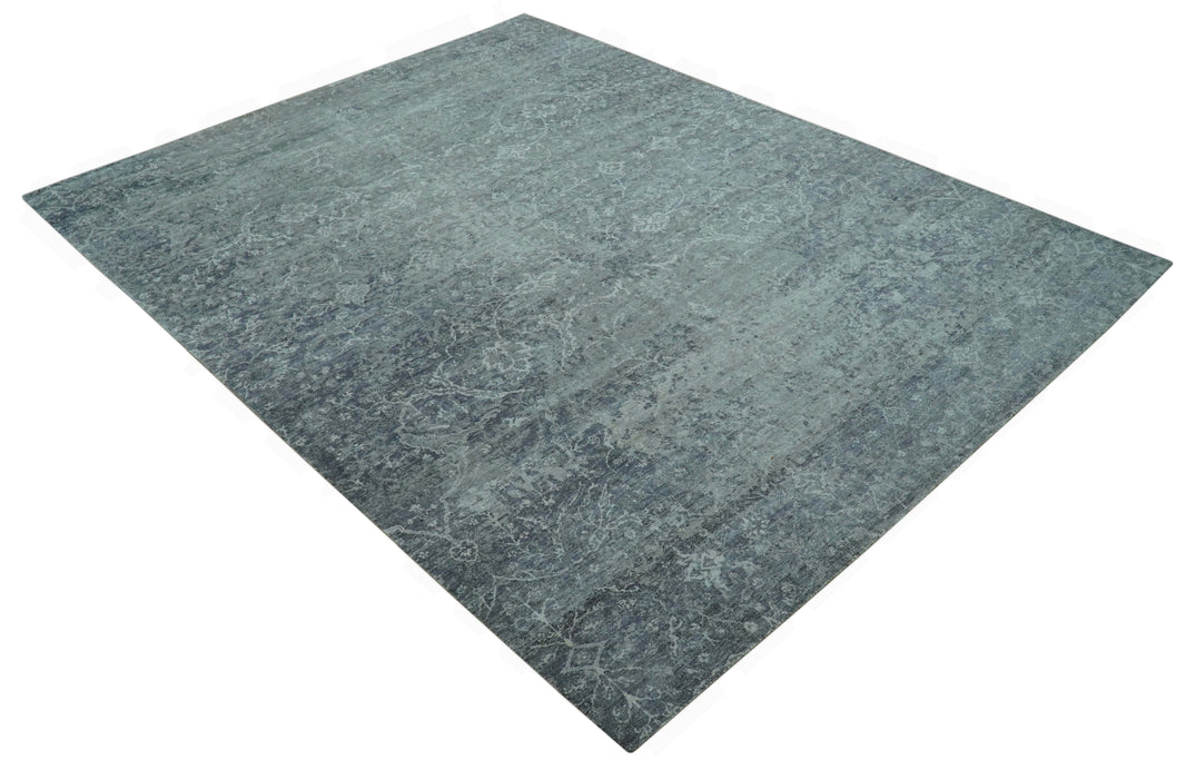 Blue And charcoal Transitional Design Hand Knotted 8.8x11.6 Wool Area Rug