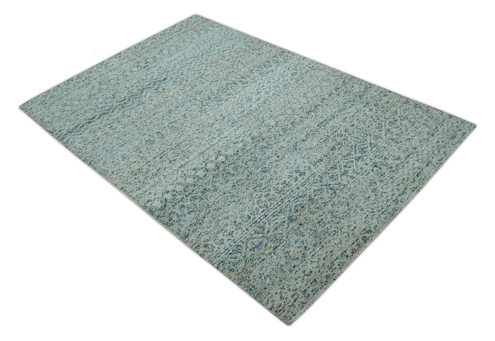 6X9 Teal and Beige Hand Knotted Southwestern Tribal Trellis recycled silk Rug