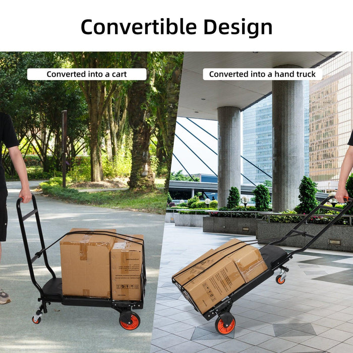 2 in 1 One-Button Folding Hand Truck Folding Portable Flatbed Dolly Cart with Secure Cord, 330lbs Capacity