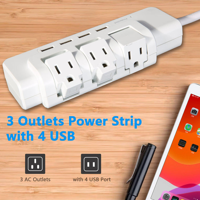 3 Outlet 4 USB Ports Rotating Power Strip with Surge Protector Wall Mount for Home Office