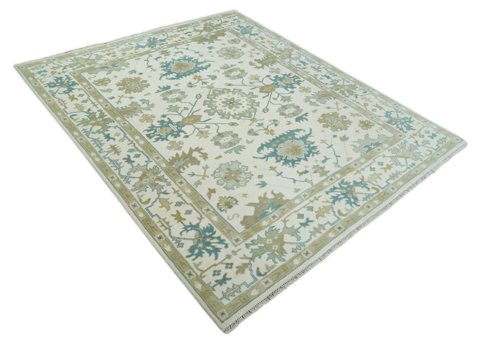 Hand Knotted Ivory, Beige and Teal Traditional Oushak Wool Area Rug
